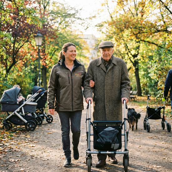 Pflegekraft begleitet älteren Herrn beim Spaziergang im Park