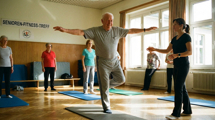 Älterer Herr balanciert sicher auf einem Bein bei der angeleiteten Seniorengymnastik