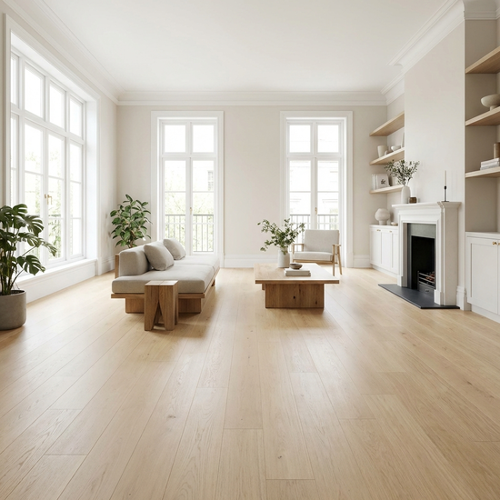 Helles Wohnzimmer mit breiten Laufwegen und fest verlegten Böden ohne Teppiche