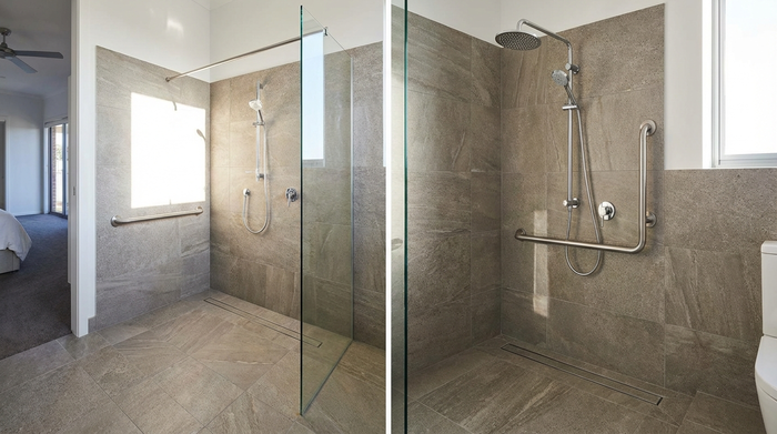 Bodengleiche Walk-in-Dusche mit rutschfesten Fliesen und Haltegriffen