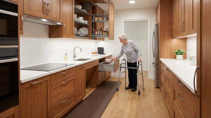 Seniorengerechte Küche mit gut erreichbaren Schränken und Anti-Ermüdungsmatte am Boden