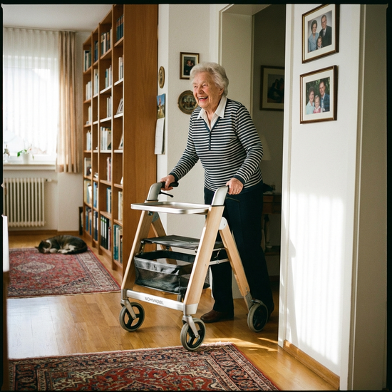 Seniorin nutzt einen wendigen Wohnraum-Rollator im heimischen Flur