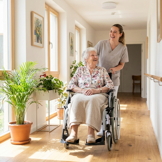 Pflegebedürftige Seniorin wird von freundlicher Pflegekraft im Rollstuhl durch einen hellen Flur geschoben