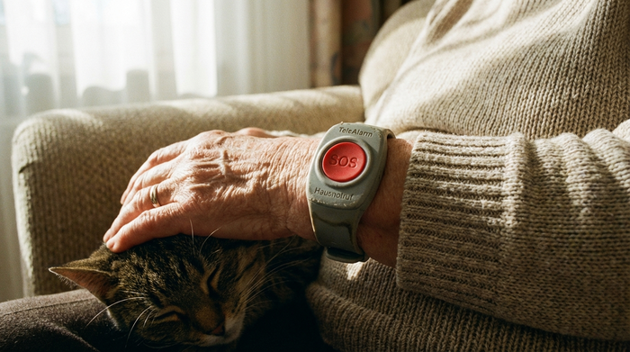 Nahaufnahme eines Hausnotruf-Armbands am Handgelenk einer älteren Dame, die auf der Couch sitzt