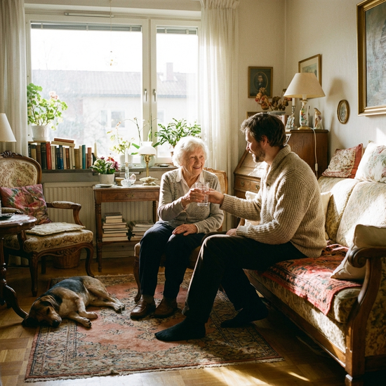 Pflegender Angehöriger reicht Seniorin ein Glas Wasser im gemütlichen und lichtdurchfluteten Wohnzimmer