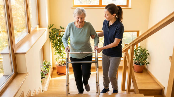 Seniorin übt sicher gestützt das Treppensteigen mit einer Physiotherapeutin in einem hellen Treppenhaus