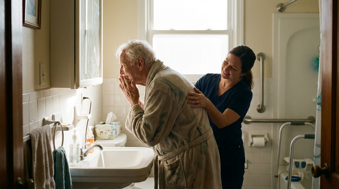 Freundliche Pflegekraft hilft älterem Mann am Waschbecken bei der morgendlichen Körperpflege