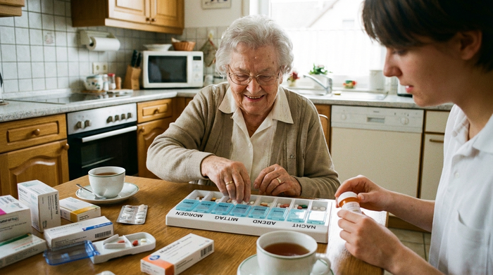Seniorin sortiert mit Unterstützung am Küchentisch ihre Tabletten in eine übersichtliche Medikamentenbox