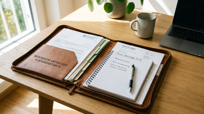 Ordentliche Mappe mit gesammelten medizinischen Unterlagen, Arztbriefen und einem Notizblock auf einem aufgeräumten Schreibtisch