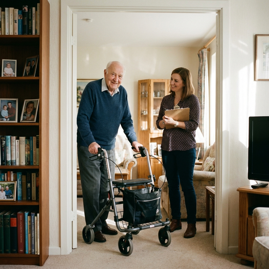 Senior zeigt der Gutachterin in der Wohnung, wie er sich mit seinem Rollator sicher fortbewegt