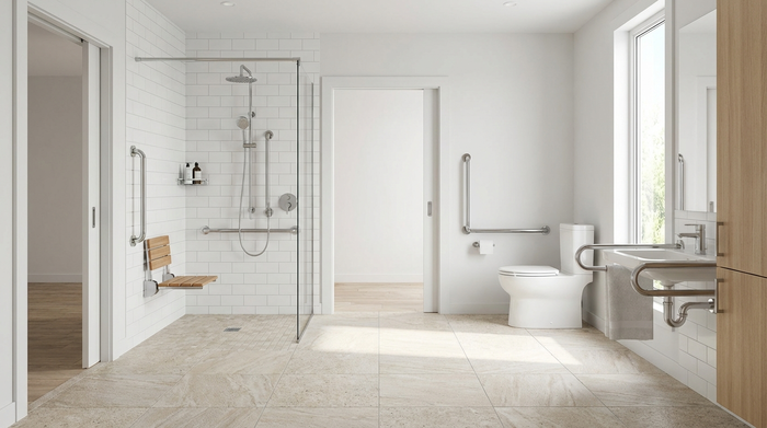 Modernes, helles und barrierefreies Badezimmer mit ebenerdiger Dusche, rutschfesten Fliesen und stabilen Haltegriffen