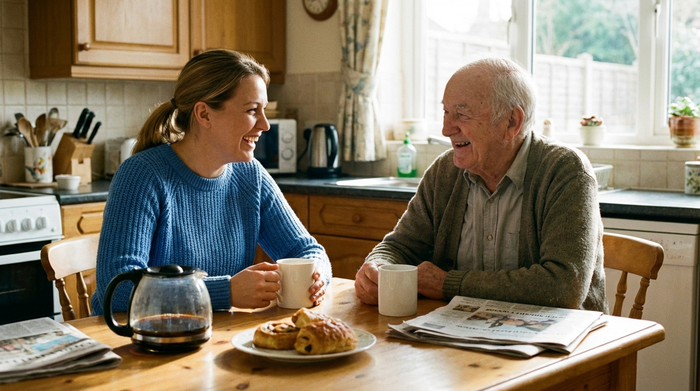Freundliche Pflegerin und älterer Herr sitzen entspannt am Küchentisch und unterhalten sich bei einer Tasse Kaffee