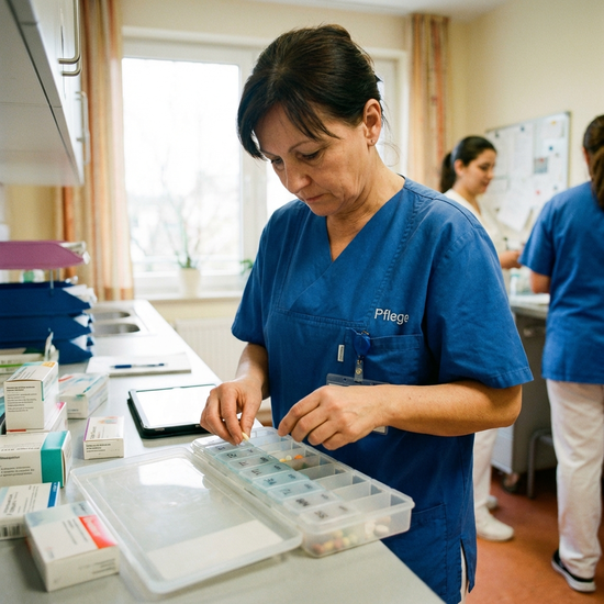 Professionelle Pflegekraft in blauer Dienstkleidung sortiert Medikamente in einen Dispenser