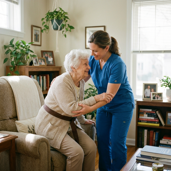 Pflegekraft hilft einer Seniorin schonend beim Aufstehen aus einem Sessel