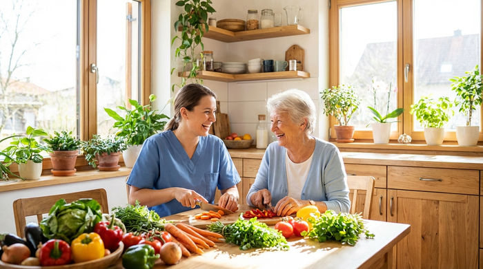 Betreuerin und Seniorin bereiten gemeinsam in einer hellen Küche frisches Gemüse für das Mittagessen vor