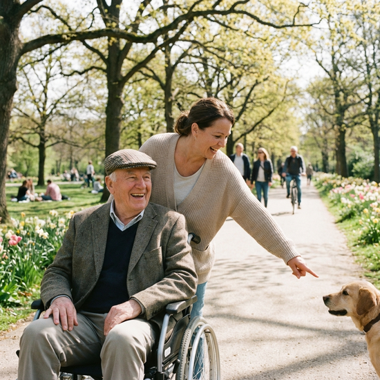 Senior im Rollstuhl und Betreuerin bei einem sonnigen Spaziergang im Park