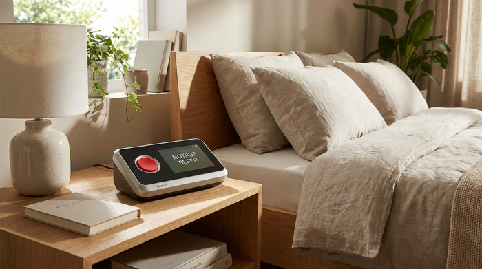 Modernes Hausnotruf-Gerät mit rotem Knopf auf einem Nachttisch neben dem Bett