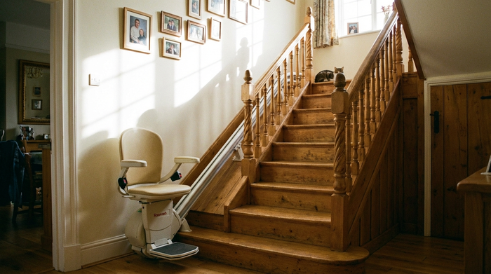 Elektrischer Treppenlift an einer geraden Holztreppe im Einfamilienhaus
