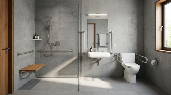 Modernes, barrierefreies Badezimmer mit bodengleicher Dusche und Haltegriffen