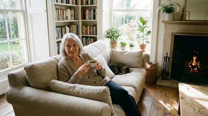 Ältere Dame sitzt entspannt in einem hellen, sauberen und gemütlichen Wohnzimmer bei einer Tasse Tee auf dem Sofa.