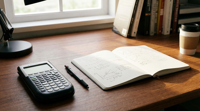 Taschenrechner, Stift und Notizblock liegen ordentlich auf einem Schreibtisch.