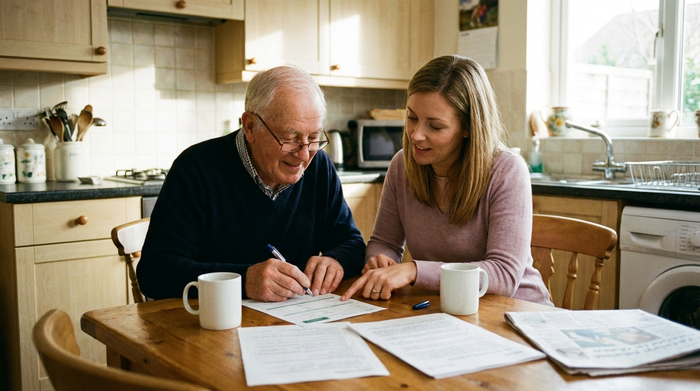 Senior füllt gemeinsam mit seiner Tochter ein Formular am Küchentisch aus.