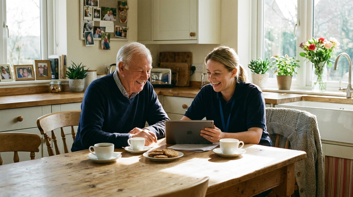 Freundliches Beratungsgespräch am Küchentisch zwischen einem Senior und einer Pflegeberaterin.