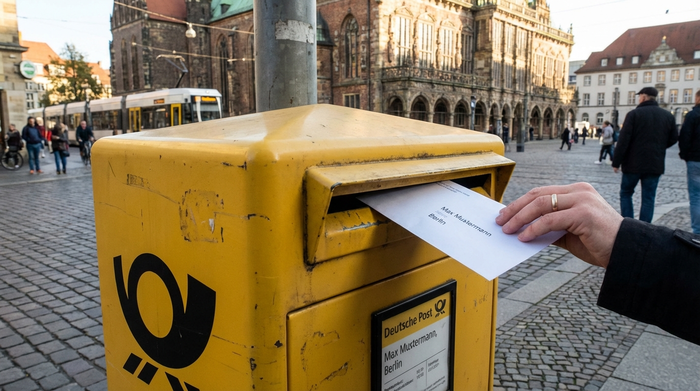 Hand wirft einen Briefumschlag in einen gelben Briefkasten.