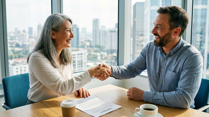 Zwei Personen schütteln sich nach einer erfolgreichen Vereinbarung freundlich die Hände.