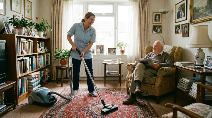Freundliche Pflegerin saugt den Teppich im Wohnzimmer eines Seniors, der entspannt im Sessel sitzt.