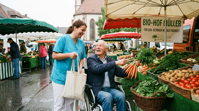 Pflegerin und Senior beim gemeinsamen Einkauf von frischem Gemüse auf dem Wochenmarkt.