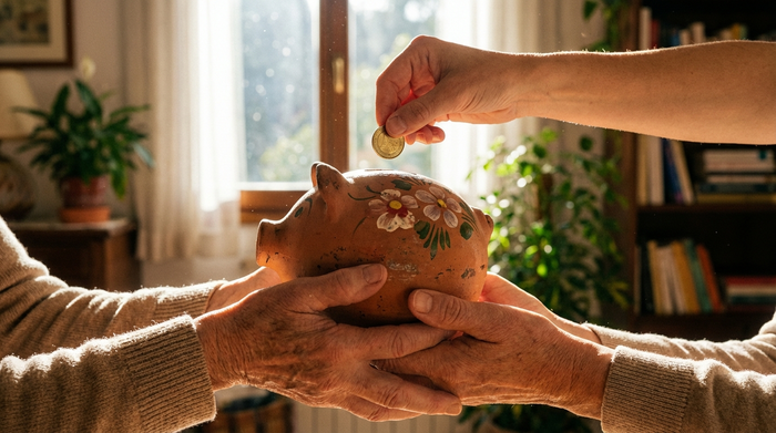 Zwei Hände halten ein Sparschwein, in das eine Münze eingeworfen wird.