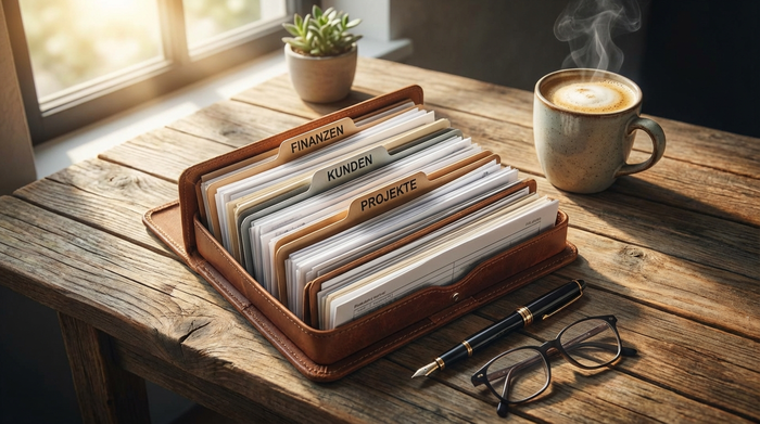 Ordentlich sortierte Mappe mit Dokumenten auf einem Holztisch neben einer Tasse Kaffee.