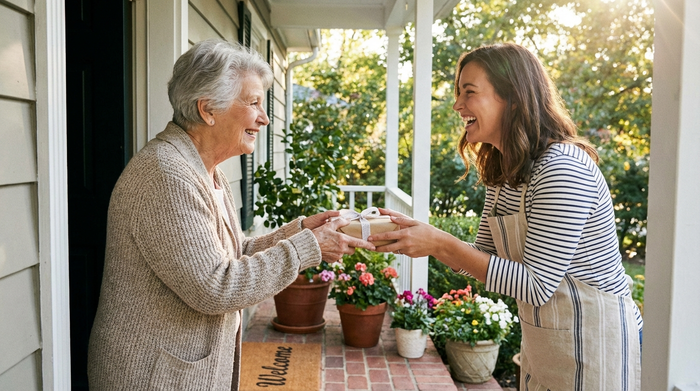 Seniorin überreicht einer freundlichen Nachbarin ein kleines Geschenk an der Haustür.