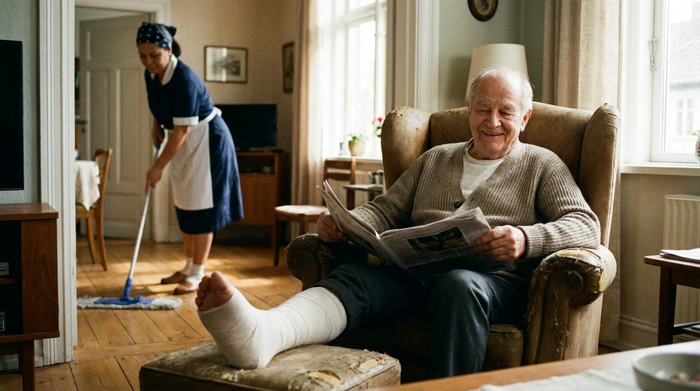 Senior mit bandagiertem Bein sitzt entspannt im Sessel, während im Hintergrund eine Haushaltshilfe den Boden wischt.