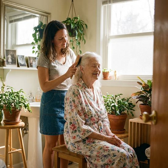 Tochter hilft ihrer älteren Mutter liebevoll beim Kämmen der Haare im Badezimmer