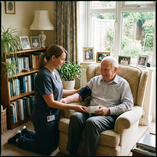 Professionelle Pflegekraft misst den Blutdruck bei einem Senior im Wohnzimmer