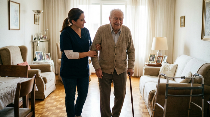 Pflegekraft stützt einen Senior sicher beim Gehen in der Wohnung