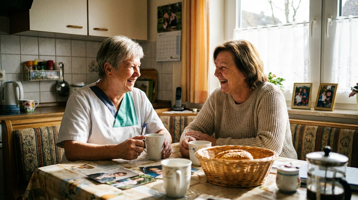 Pflegerin und Angehörige sitzen lachend bei einer Tasse Kaffee zusammen