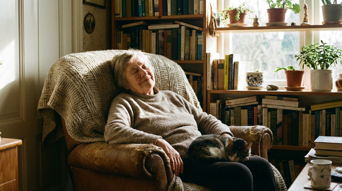 Seniorin ruht sich entspannt mit einer Decke im Sessel aus