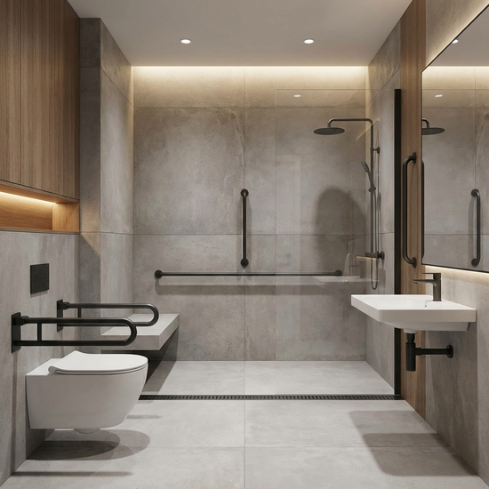 Modernes, barrierefreies Badezimmer mit Haltegriffen und ebenerdiger Dusche