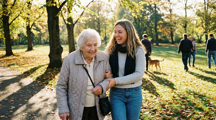 Ältere Dame wird von einer freundlichen Alltagsbegleiterin beim Spaziergang im sonnigen Park liebevoll am Arm gestützt