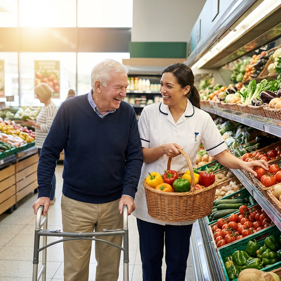 Pflegekraft hilft lächelndem Senior beim Auswählen von frischem Gemüse im Supermarkt