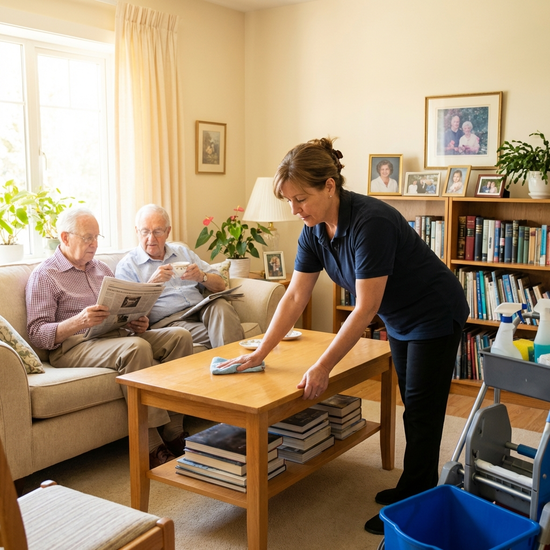 Professionelle Haushaltshilfe reinigt sorgfältig das helle Wohnzimmer eines Seniorenhaushalts