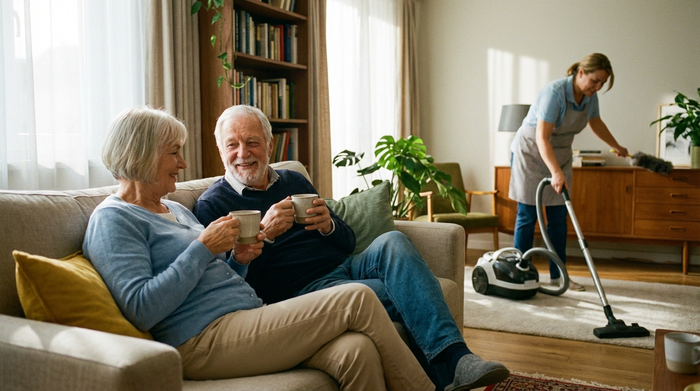 Zwei Senioren sitzen entspannt auf dem Sofa und trinken Kaffee, während im Hintergrund eine Haushaltshilfe aufräumt