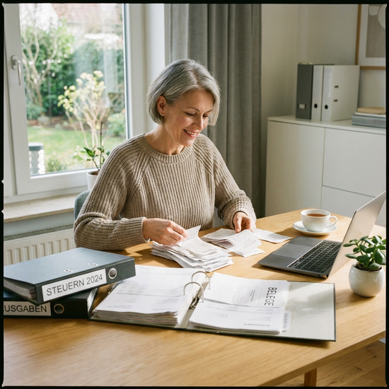 Angehörige sortiert übersichtlich Belege und Rechnungen an einem aufgeräumten Schreibtisch