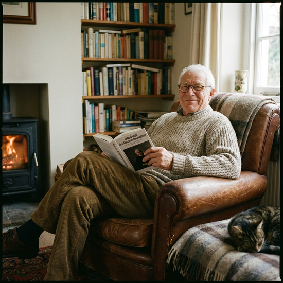 Entspannter Senior liest ein Buch im gemütlichen Sessel