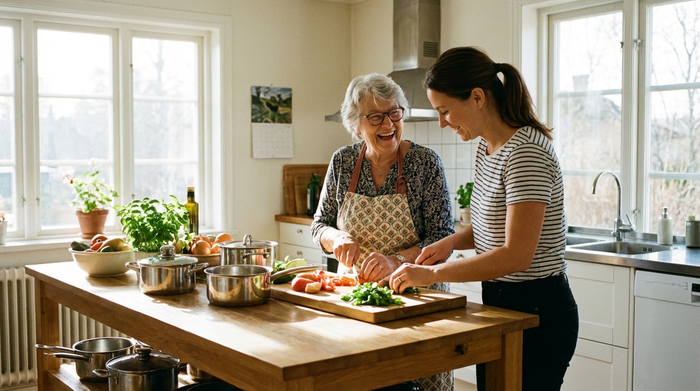 Seniorin beim gemeinsamen Kochen und Gemüseschneiden mit einer Betreuerin in einer hellen Küche