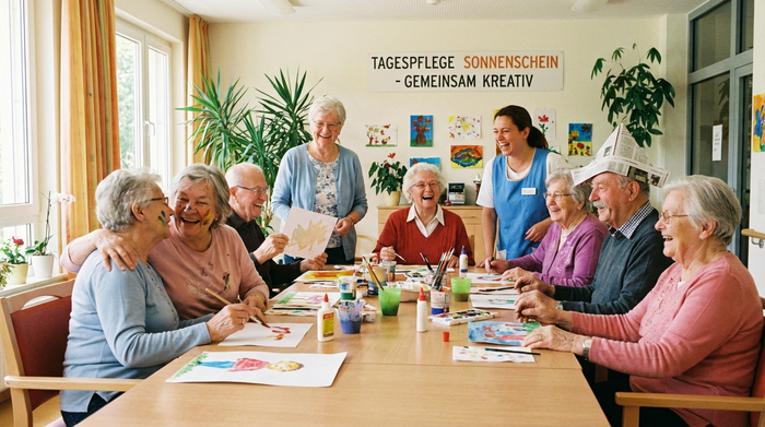 Fröhliche Seniorenrunde beim gemeinsamen Basteln und Lachen in einer Tagespflegeeinrichtung