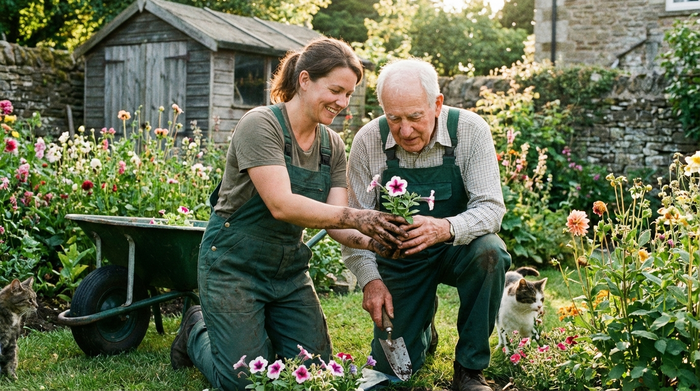 Pflegekraft hilft älterem Herrn beim Einpflanzen von Blumen im Garten